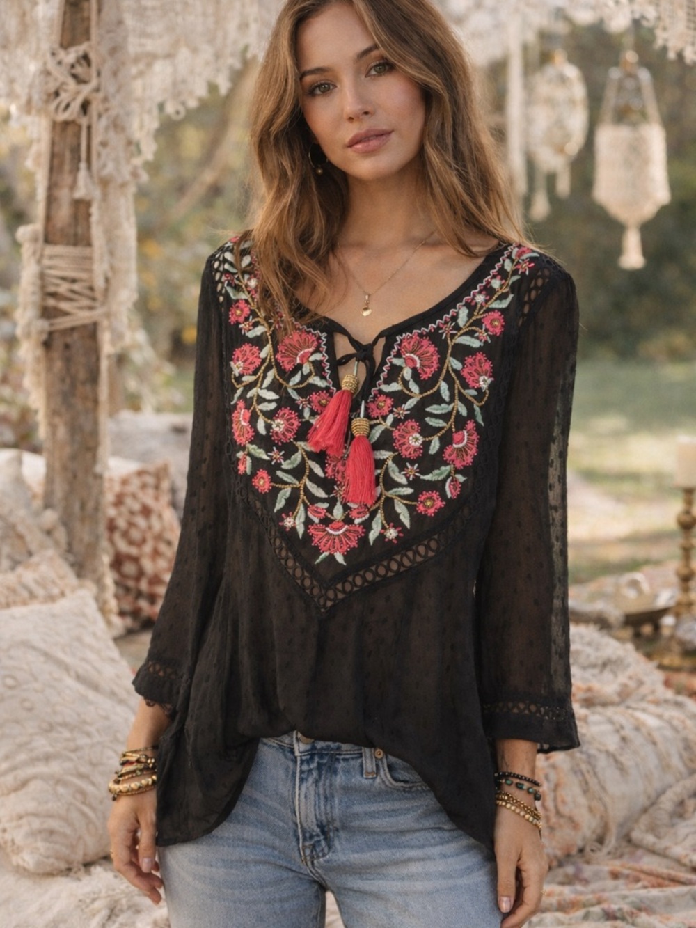 Soft Surroundings Sz M Black Boho Beaded Accents V Neck Long Sleeve Sheer Top